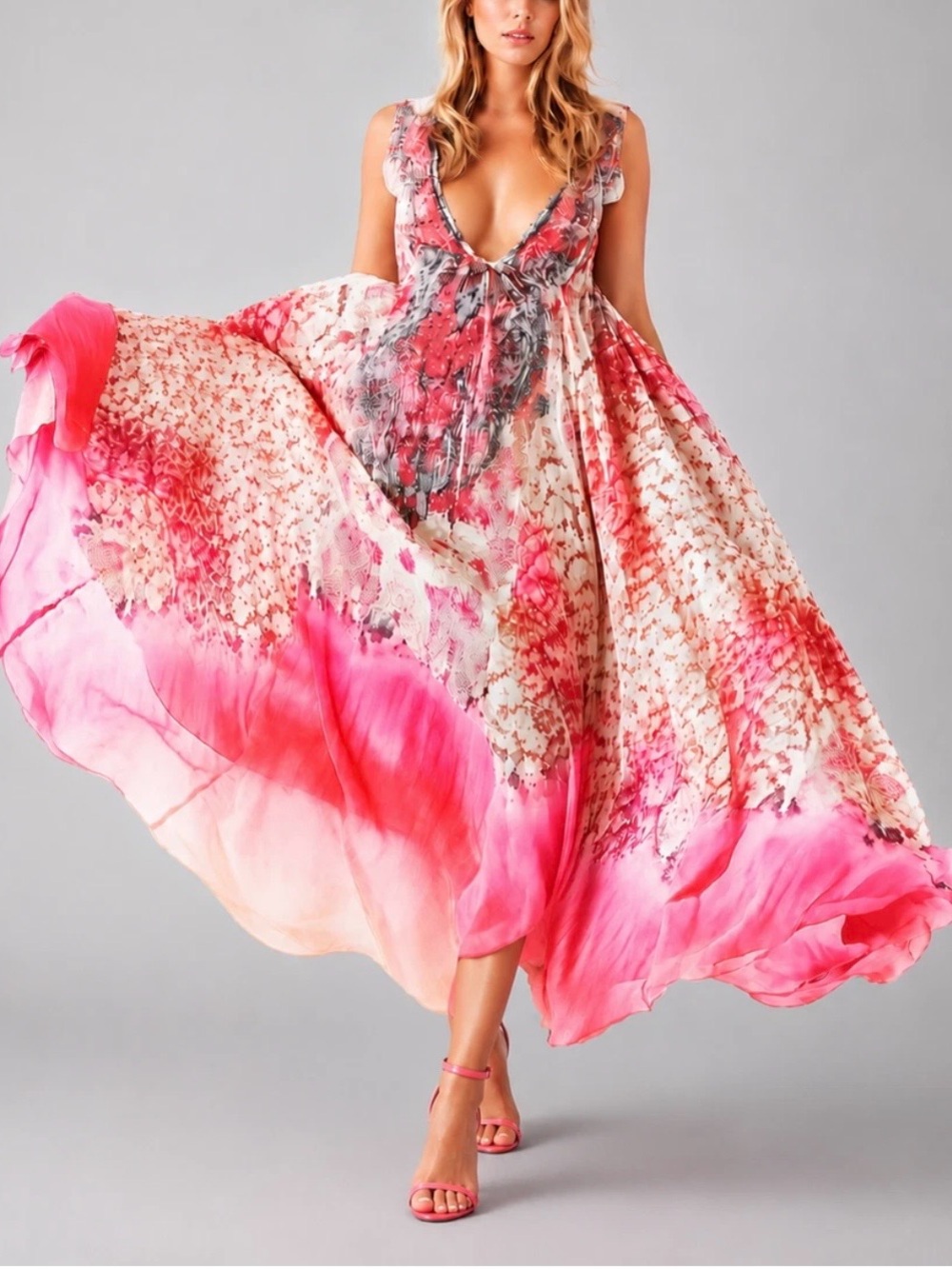 Fabulous 100% Silk Camilla Pink Floral & Coral V-Neck Sleeveless Maxi Dress